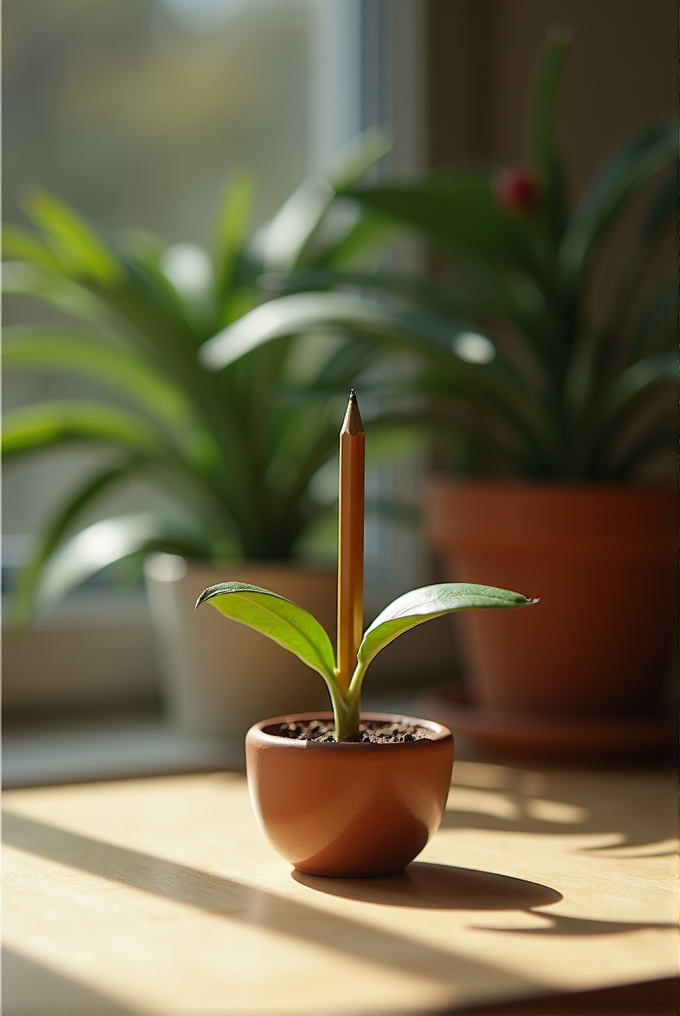 A pencil is artfully placed in a small plant pot, surrounded by lush green leaves, with sunlight streaming through a window in the background.