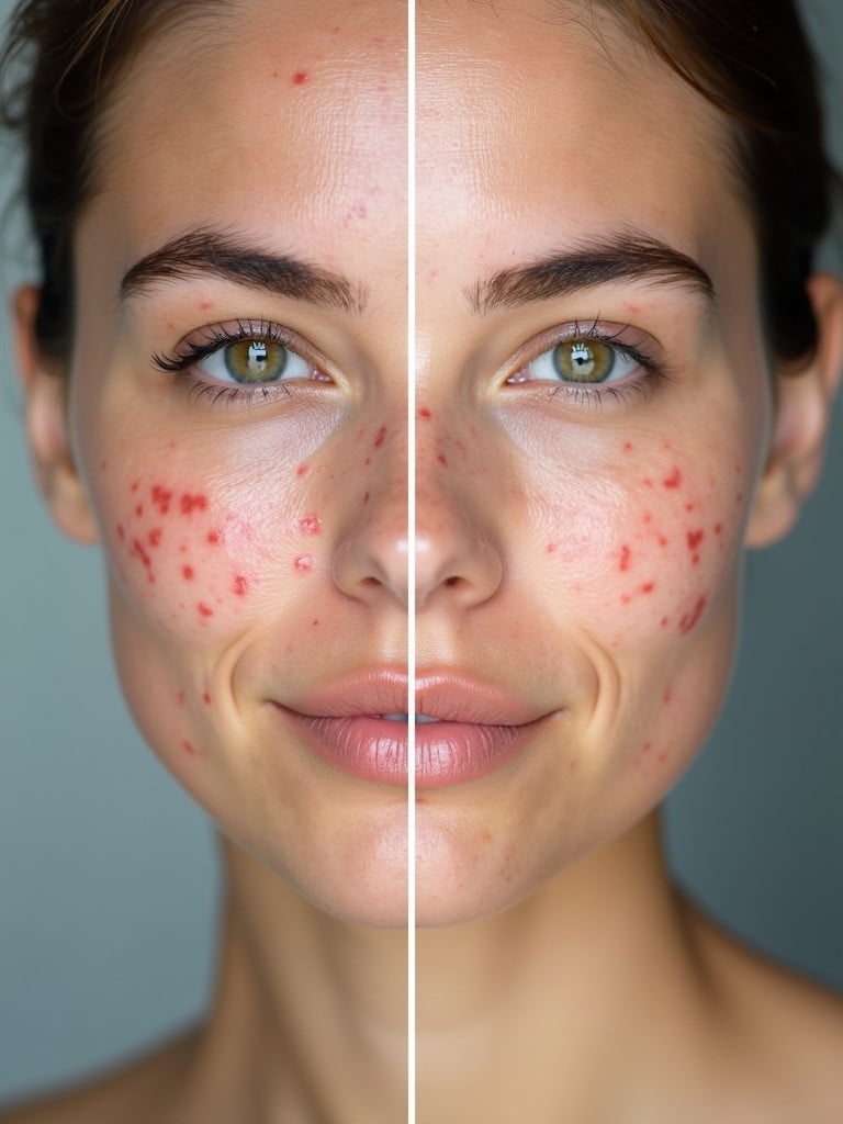 A woman's face changes from acne-prone to clearer skin using a solution. The focus is on skin improvement and clarity in a well-lit setting. Soft tones of the skin and a neutral background highlight the transformation.