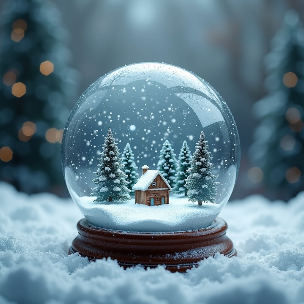 Snow globe features a miniature house surrounded by snow-covered trees. Background showcases a winter theme. Soft snow falls inside the globe.