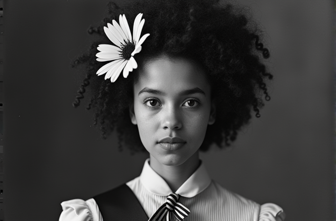 A black and white portrait of a young woman with a natural afro hairstyle, adorned with a large daisy, wearing a collared shirt and a bow tie.