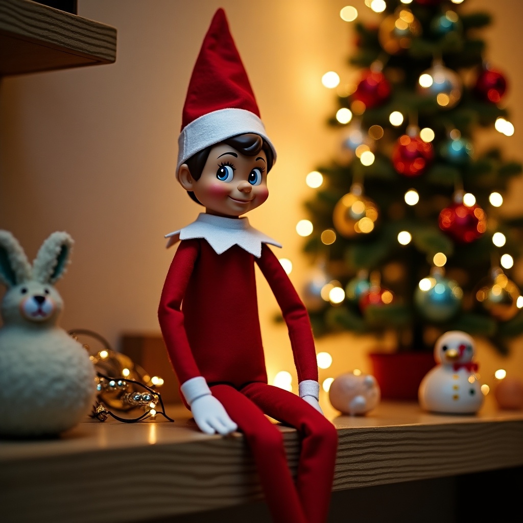 A cheerful elf doll, dressed in red and white, sits on a wooden shelf. In the background, a beautifully decorated Christmas tree twinkles with colorful lights and ornaments. The setting is cozy, perfect for the holiday season. The elf has a friendly smile, inviting warmth and festive spirit. Other holiday decorations are subtly present on the shelf, enhancing the seasonal ambiance.