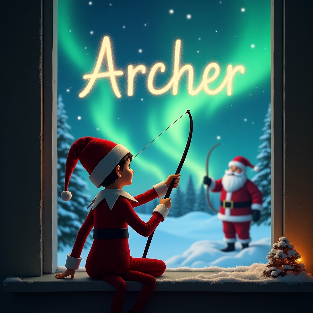 Elf on the shelf with back to the image facing the sky using a wand to write Archer in the sky. Background shows magical Christmas scene with northern lights and Santa.