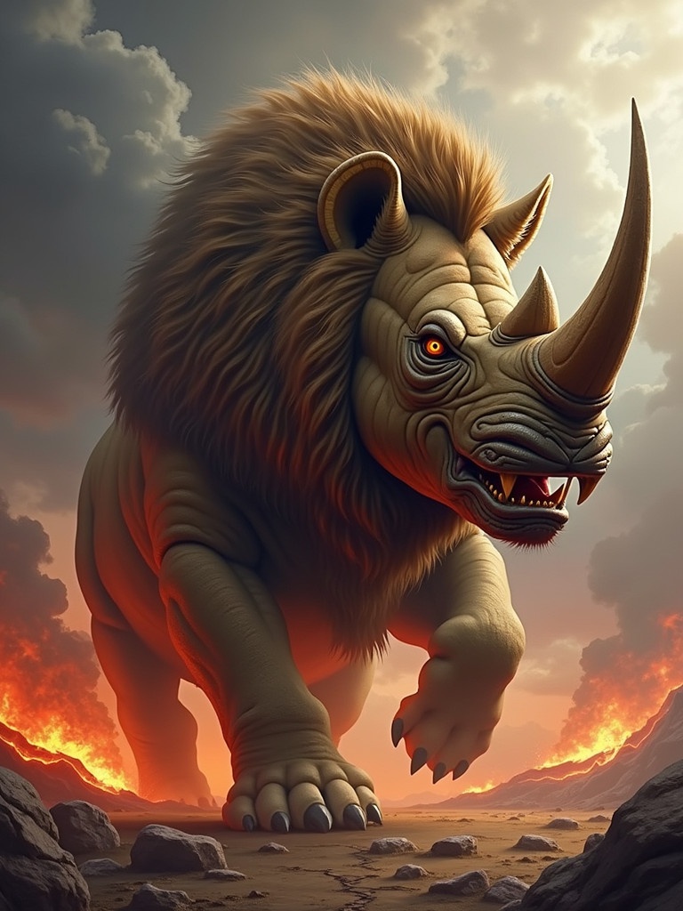 Design a fearsome hybrid creature combining the features of a lion and a rhino. The creature has the powerful body and horns of a rhino. It possesses sharp eyes and teeth of a lion. The skin is tough resembling rhino hide yet has the wild appearance of lion fur. The creature is filled with anger radiating menace. The background showcases a fiery chaotic landscape with storm clouds and volcanic eruptions.