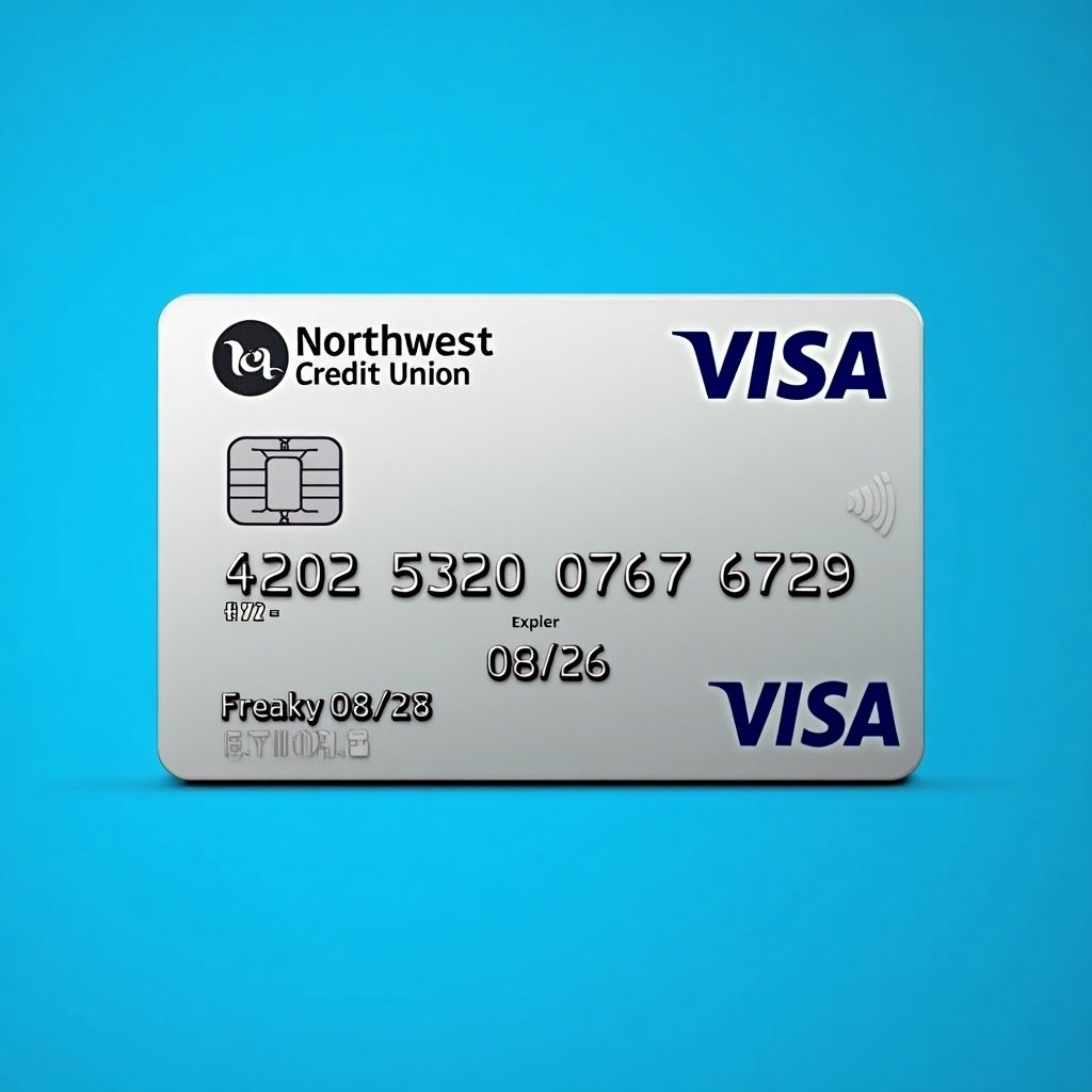 Realistic depiction of a credit card with details shown. Card features Visa logo and Northwest Federal Credit Union. Card number is prominent. Name is Freaky Frog. Expiration date is noted. Clean presentation with a blue background.