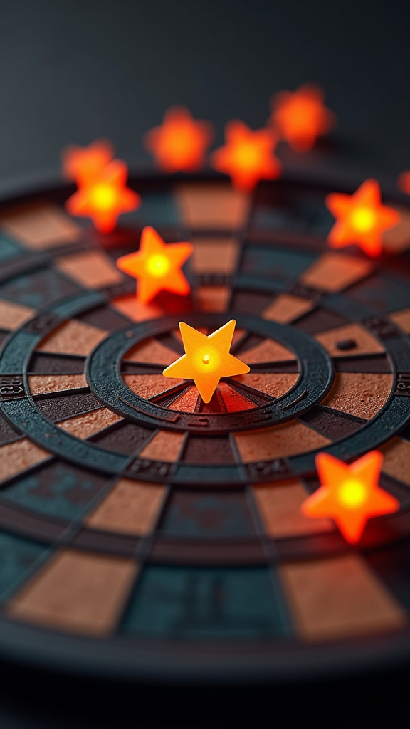 A vivid image of glowing orange star-shaped lights arranged on a dartboard, creating a warm and inviting ambiance.