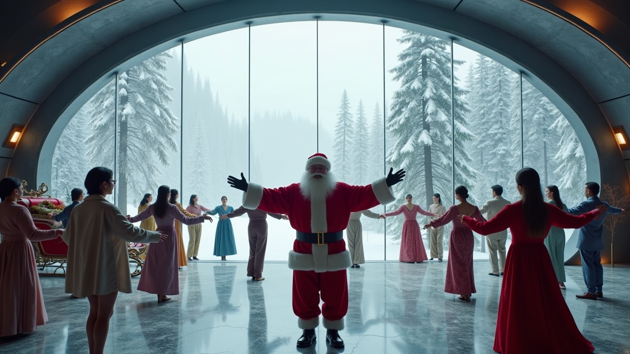 Cinematic image of Santa Claus celebrating in high-tech room with open arms. Diverse people practicing tai chi in different postures around him. Snowy woods visible through openings. Sleigh with reindeer parked. Wide shot showing Santa surrounded by beautiful people.