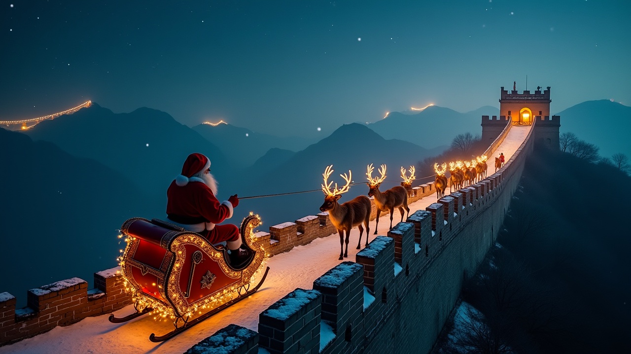 Create magical atmosphere. Santa flies past camera on sleigh. Leaves trail of sparkles over Great Wall of China. Shot on Arriflex Alexa. Ultra-realistic imagery.