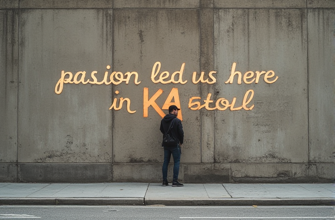 A person stands before a wall with the words 'passion led us here' written on it.