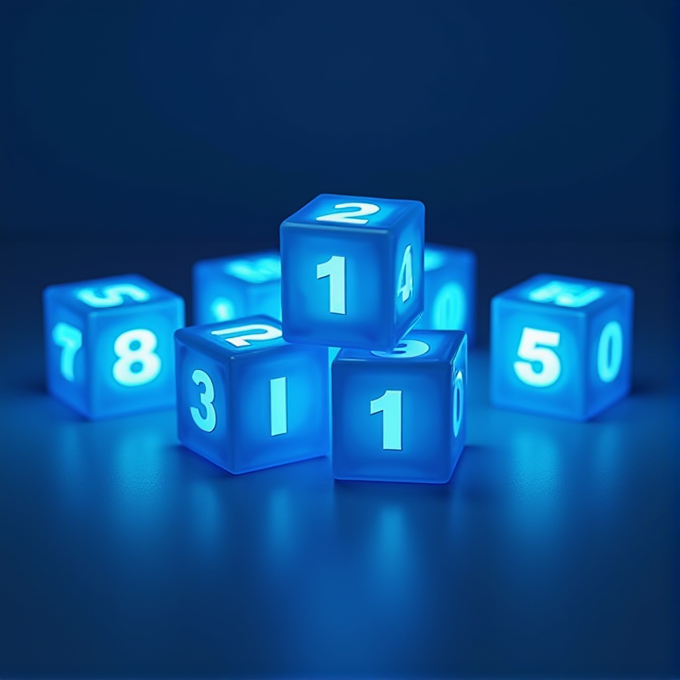 A collection of glowing blue cubes with numbers, placed in a visually appealing arrangement on a reflective surface.