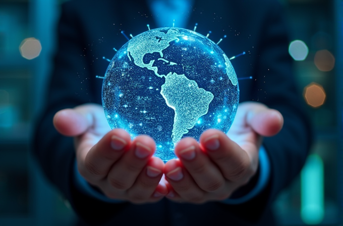 A person in a suit holds a bright, glowing digital globe, showcasing the Americas, with a technological, luminescent design.