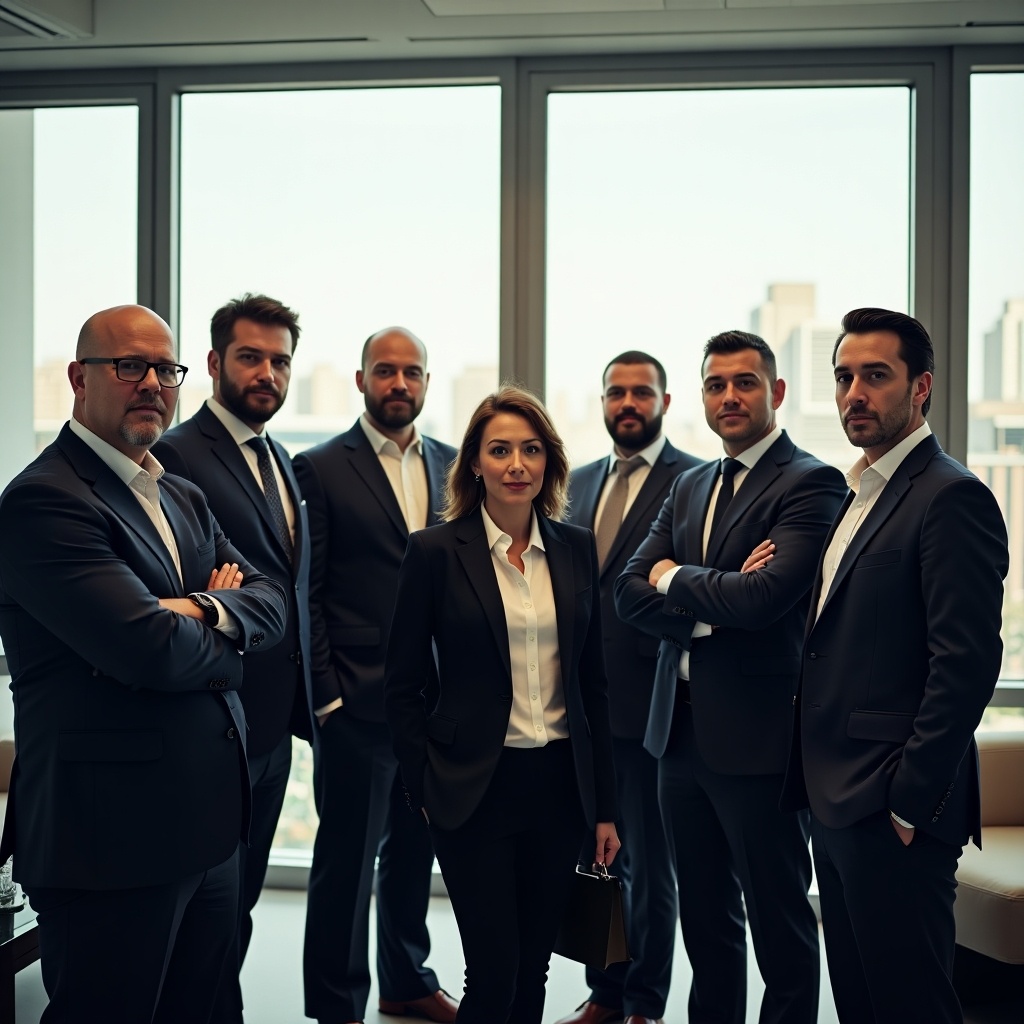 A corporate team consisting of eight professionals. The composition includes a tall, chubby, bald man with glasses. A tall, thin man is also present. Another man who is short and bald has a notable physique. An Italian man with a slight moustache is visible. There is a Spanish woman with shoulder-length hair depicted as a judge. The group is dressed in formal business attire.