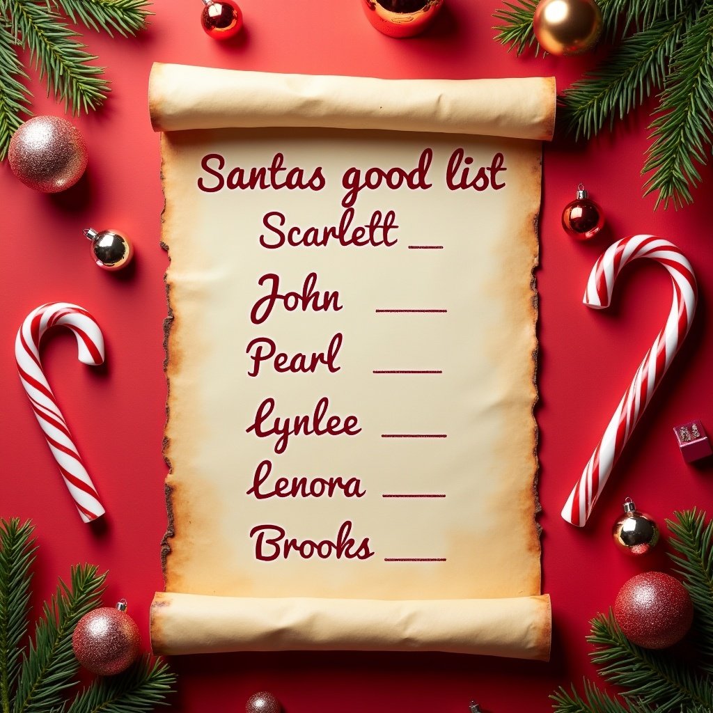 Parchment scroll displaying Santa's good list. Surrounding decorations include candy canes and shiny ornaments. Set against a vibrant red background. The scroll has burned edges for a vintage feel. Names include Scarlett, John, Pearl, Lynlee, Lenora, Brooks. Additional elements include baubles and a small gift box.