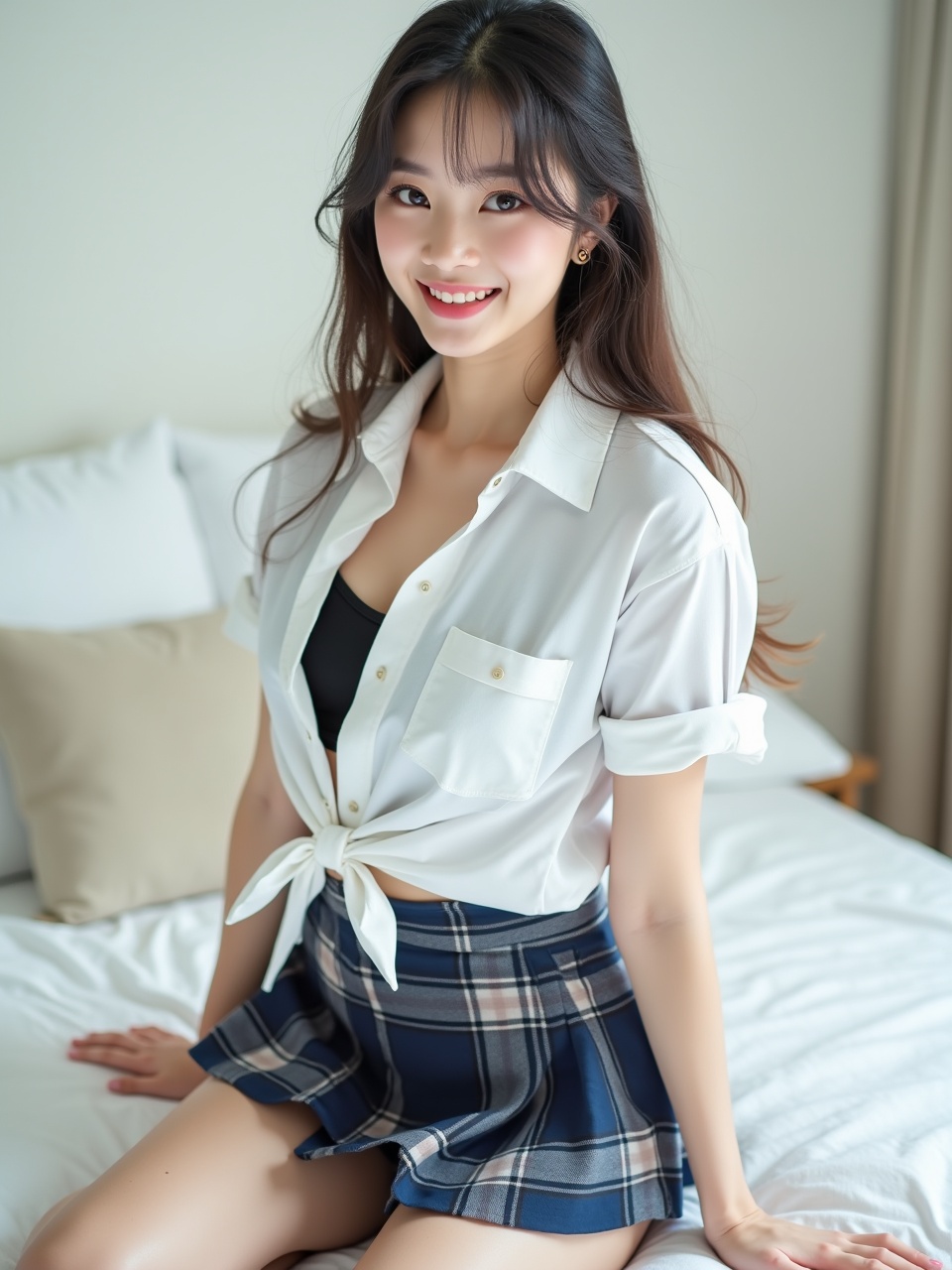 A young woman sitting on a bed wearing a tied white shirt and plaid skirt, smiling.