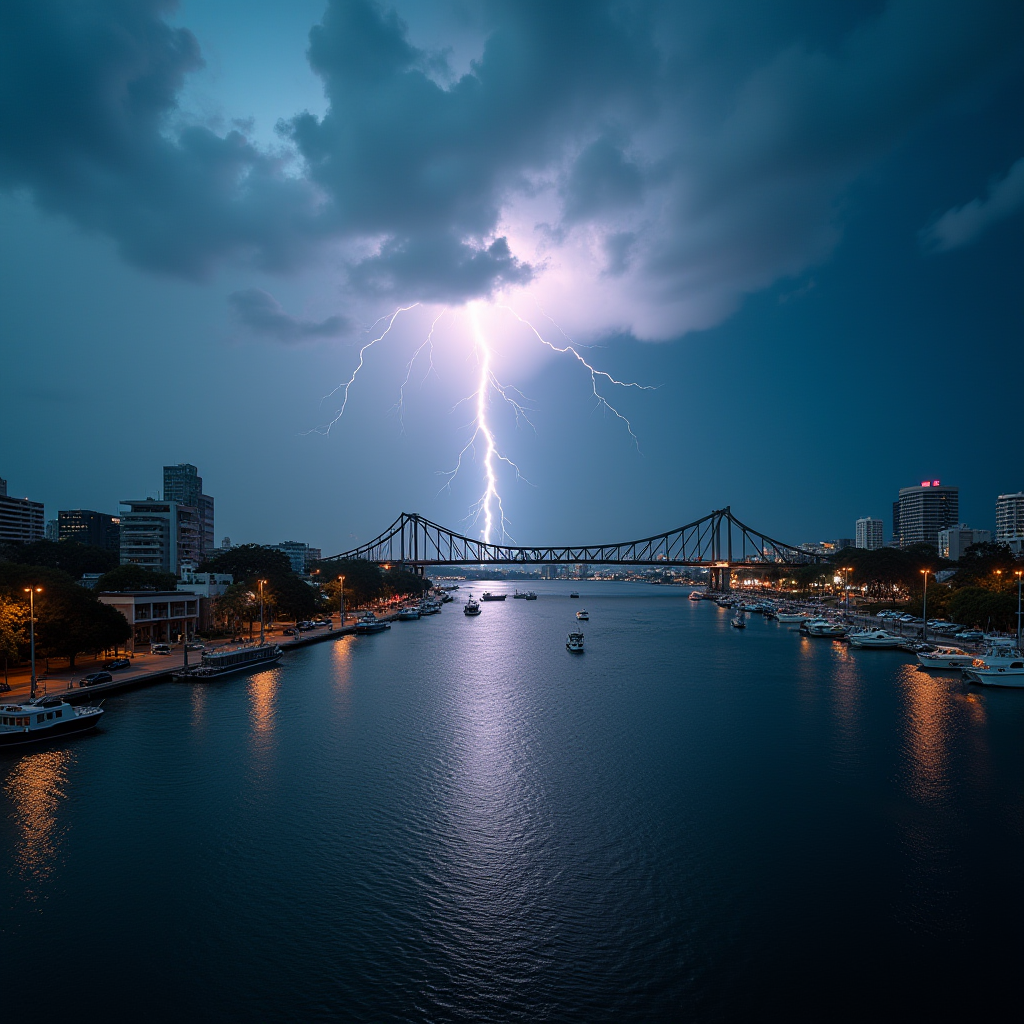 The image captures a dramatic scene of a lightning strike over a river. In the foreground, boats are moored along the riverbanks, and the water reflects the vibrant flash of the lightning bolt. A large suspension bridge spans the river, silhouetted against the dark, stormy sky. The cityscape in the background is dotted with urban buildings and illuminated streetlights, adding to the atmospheric effect of the approaching storm. The clouds are dense and ominous, adding to the tension of the moment.