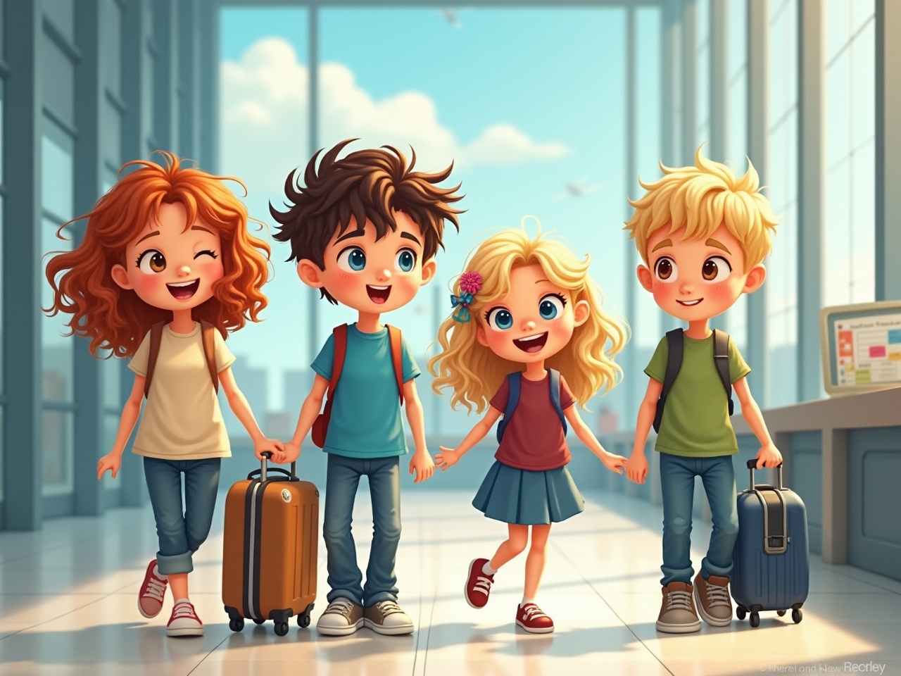 This animation-style image portrays four cheerful children walking through what seems to be an airport, each carrying a small suitcase. The atmosphere is vibrant, exuding a sense of excitement and adventure. The characters are depicted with colorful, lively expressions, emphasizing the joy of travel and friendship.