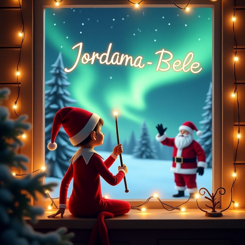 Cozy Christmas scene featuring an elf on the shelf. The elf writes 'Jordana-Belle' in the sky. Outside is a magical winter landscape with northern lights and Santa Claus waving. Warmly lit with string lights. The elf wears a traditional red suit and hat.