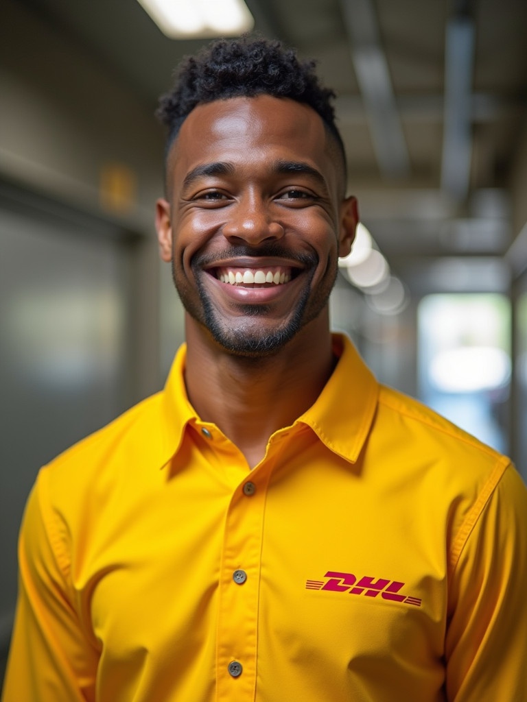 Man dressed in a vibrant yellow DHL uniform stands in a well-lit corridor. The uniform displays the DHL logo prominently. The expression displays happiness and positivity indicative of customer service roles.