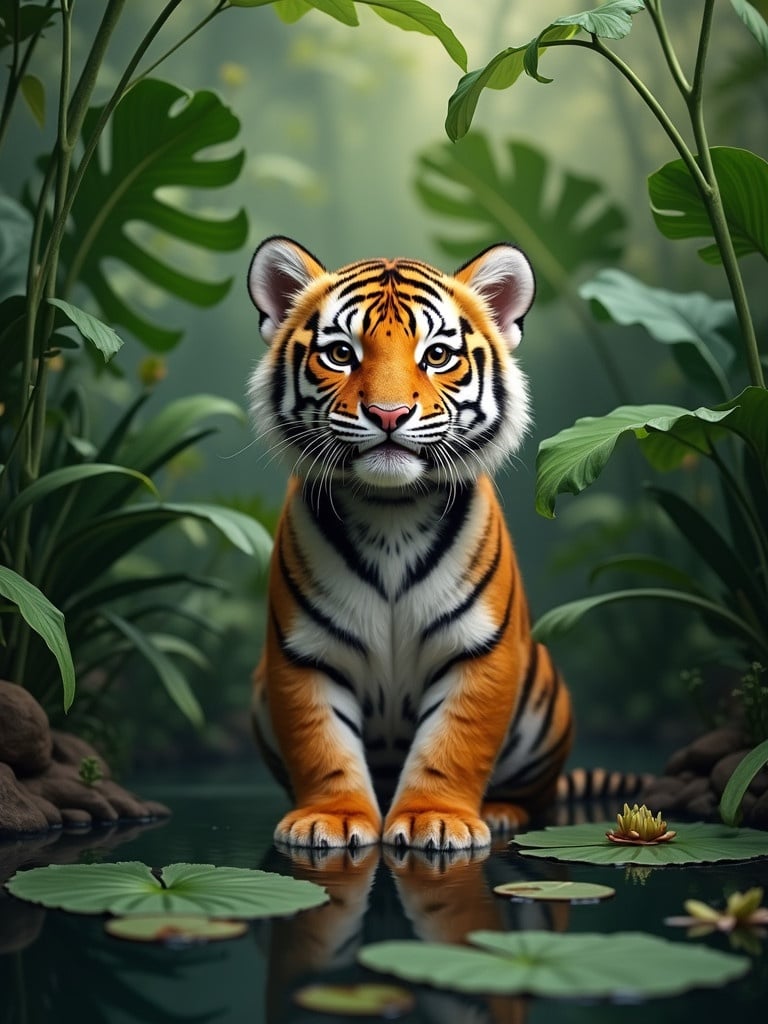 Young tiger sitting in a jungle. Tiger looks slightly up with a positive expression. Surrounded by lush greenery with monstera leaves and a pond in the foreground containing lily pads. Background is soft and blurred, highlighting striking features of the tiger.