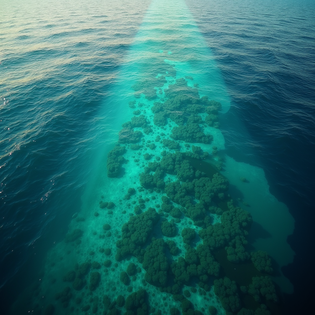 Aerial view of sunlight illuminating underwater coral formations in a vibrant blue ocean.