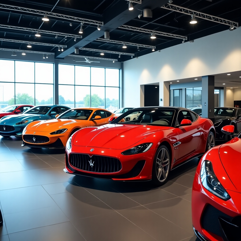 A spacious car showroom filled with luxury cars. Several vehicles are positioned in rows. The focus is on a prominent red car in the center. Bright lighting highlights the features of the cars. Clean modern interior design is evident.