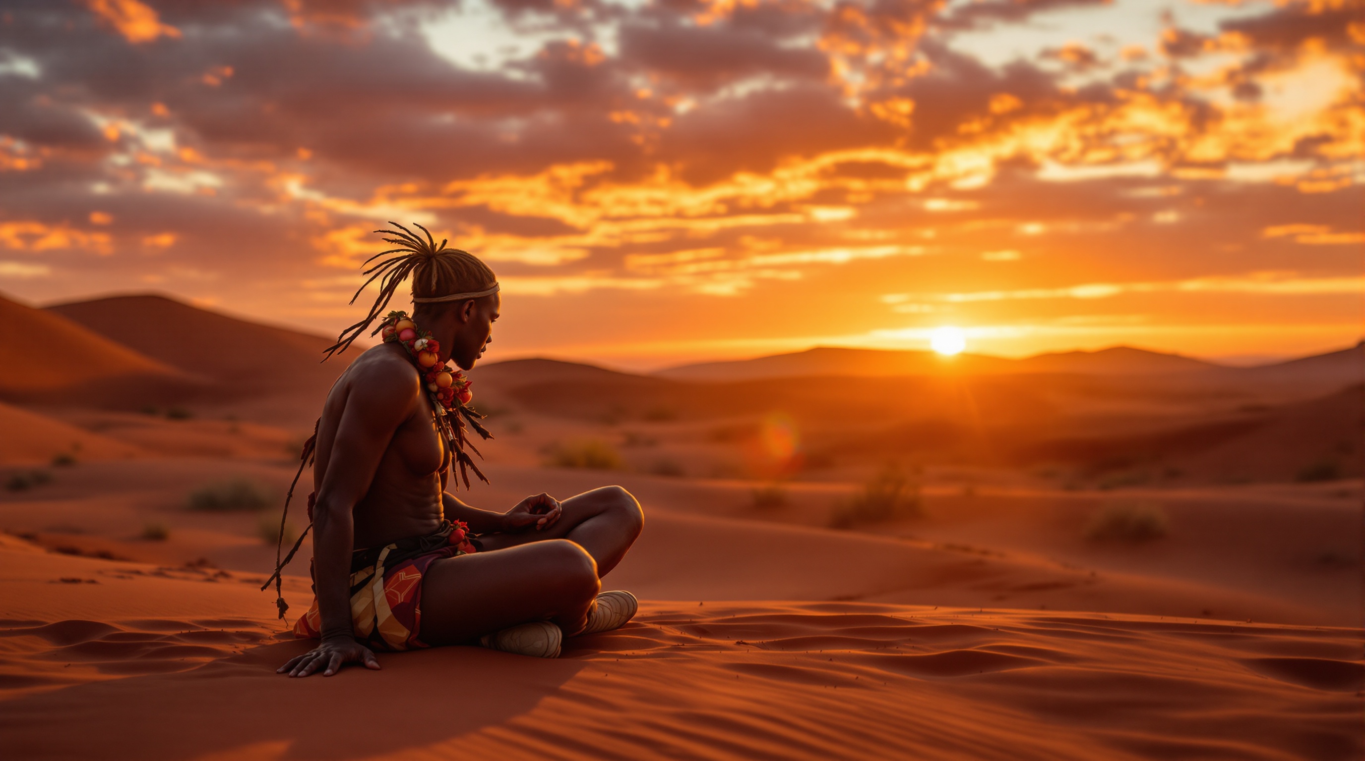 Lo-fi photography featuring an Aboriginal person in the sandy Australian desert during sunrise. The scene captures the early morning light illuminating the landscape. The figure sits peacefully on the red sand, with remarkable natural scenery in the background.