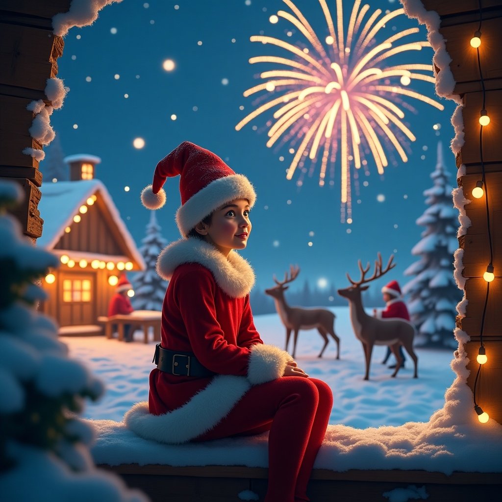 Snowy North Pole setting with twinkling lights. Jolly female elf named Latha sitting on a shelf. Night sky lit with vibrant fireworks spelling his name. Festive cheer with Santa's workshop and reindeer in the background.