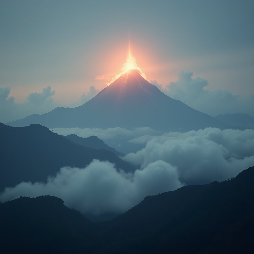 This image depicts a striking scene of a mountain, possibly a volcano, erupting with a bright, fiery plume at its peak. The eruption has created an intense glow that contrasts against the cool tones of the surrounding sky and clouds. The mountain is silhouetted by soft, billowy clouds that partially obscure the lower slopes. The scene is serene yet dramatic, capturing the raw power of nature as the fiery light pierces the twilight atmosphere. The overall composition is balanced, with the glowing eruption being the focal point amid softer, darker silhouettes of adjacent hills and mountains.