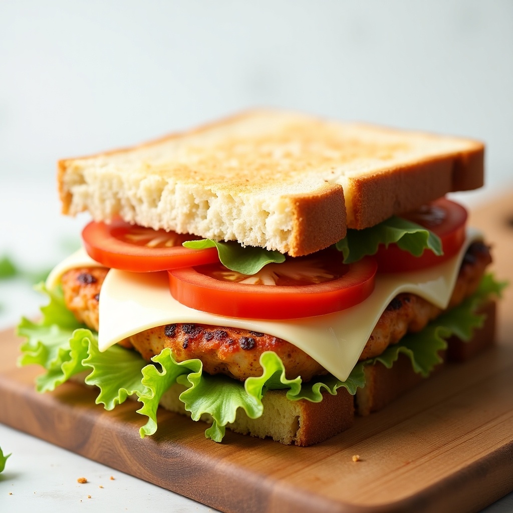 This image features a delectable chicken and white cheese toast sandwich. It is layered with fresh iceberg lettuce and vibrant tomato slices. The sandwich is served on a wooden cutting board, emphasizing a rustic feel. The bread is toasted to a perfect golden brown, creating an inviting appearance. This composition captures the essence of a quick and healthy meal option, perfect for lunch or a snack.