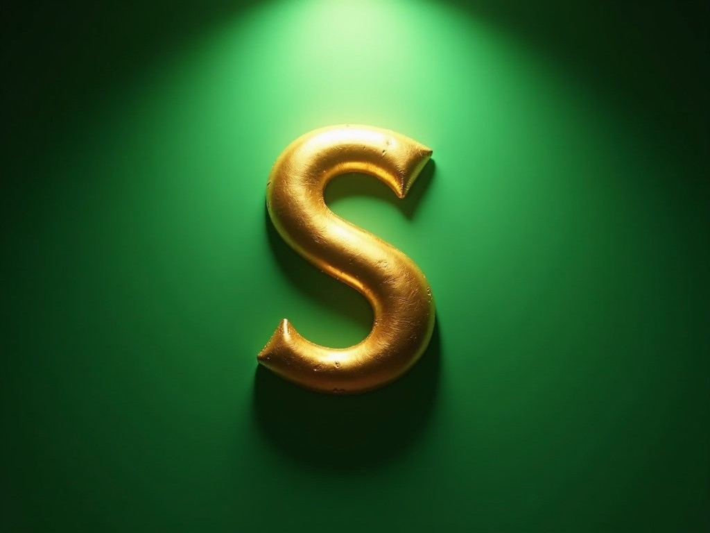 This image features a gold letter 'S' positioned strikingly against a vibrant green background. The letter is textured and shiny, enhancing its visual appeal. A spotlight illuminates the letter, creating shadows that add depth. The overall composition emphasizes simplicity and elegance, perfect for decorative or branding purposes. This artistic representation can be used in various creative projects.