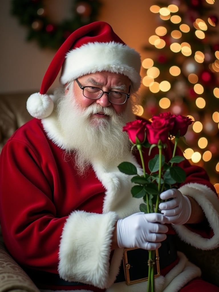 Santa Claus holds a bouquet of red roses. He sits near a Christmas tree adorned with lights. The scene is cozy and warm reflecting holiday spirit.