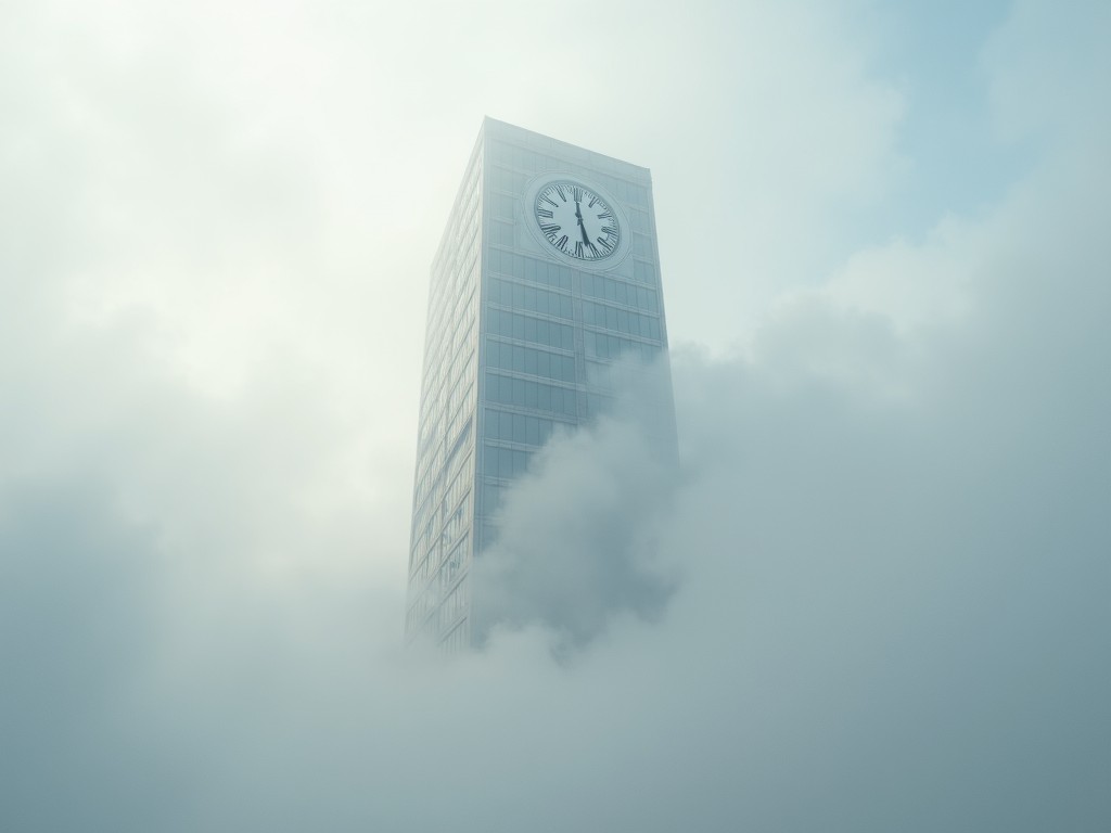 This image depicts a tall building with a prominent clock at its top, partially shrouded in magical white fog. The view is captured from the bottom looking up, creating a sense of ascension into the sky. The scene feels ethereal, with the building appearing to rise from a milky void. The overall atmosphere is one of mystery and tranquility, as the clouds subtly display the letters 'elmgco' in a translucent manner. The soft colors enhance the dreamlike quality, making it a striking visual.