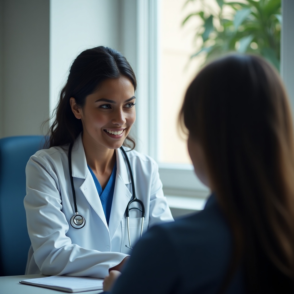 The image features a female doctor in a white coat listening attentively to a patient in an exam room. The doctor, who has a stethoscope around her neck, is smiling warmly, creating a welcoming environment. Soft natural light filters in through the window, enhancing the calm atmosphere. The patient is not facing the camera directly, adding a sense of intimacy to the conversation. The background has subtle elements that suggest a healthcare setting, such as a plant and medical tools. This moment captures the essence of compassionate patient care.