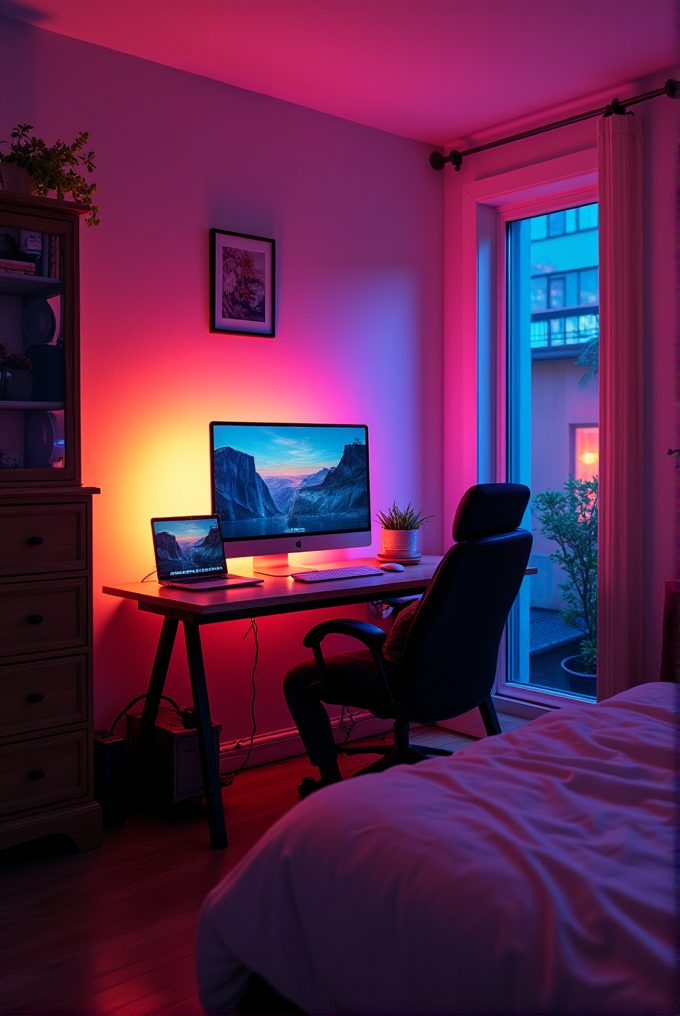 A modern workspace featuring a desktop and laptop on a desk, illuminated by warm pink and orange lighting, with a cozy chair and a view of an apartment building through a window.