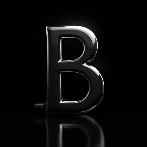 Iconic chrome-plated letter B. Background is black. Spotlights illuminate the letter creating reflections.