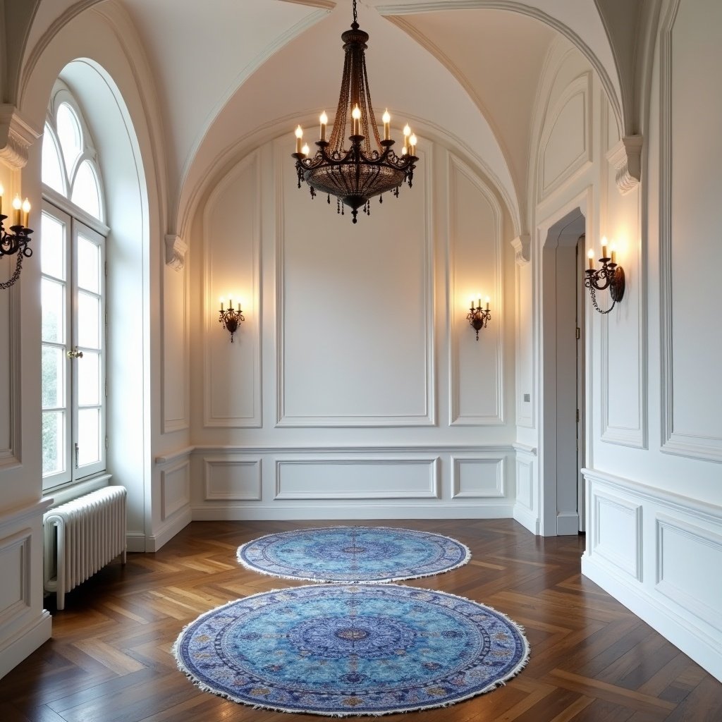 Classical bridal salon interior. Moulding white walls. Antique warm wall lights. Spanish chandeliers. Wooden floor. Blue Irani round rugs.