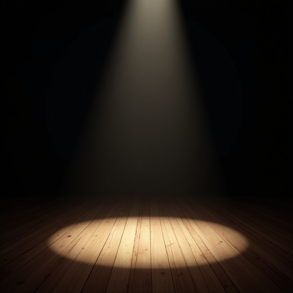 Stage setting with wooden floor and dramatic spotlight. Circular illuminated area on dark background. Evokes anticipation and focus. Perfect for performance. Spotlight indicates focal point. Theatrical atmosphere engaging.