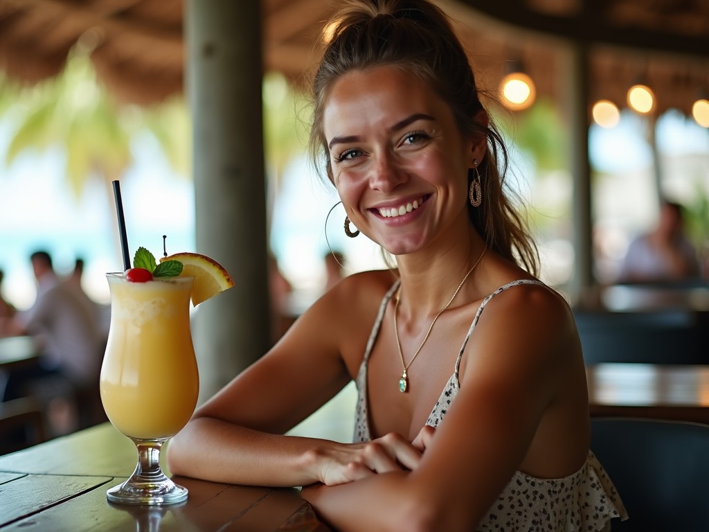 The image features a young woman enjoying a piña colada at a vibrant restaurant. She has a bright smile, embodying a relaxed and cheerful mood. The setting includes tropical elements, hinting at a warm vacation atmosphere. The drink garnished with fruit adds to the aesthetics. Her outfit is casual and summery, perfect for the environment.