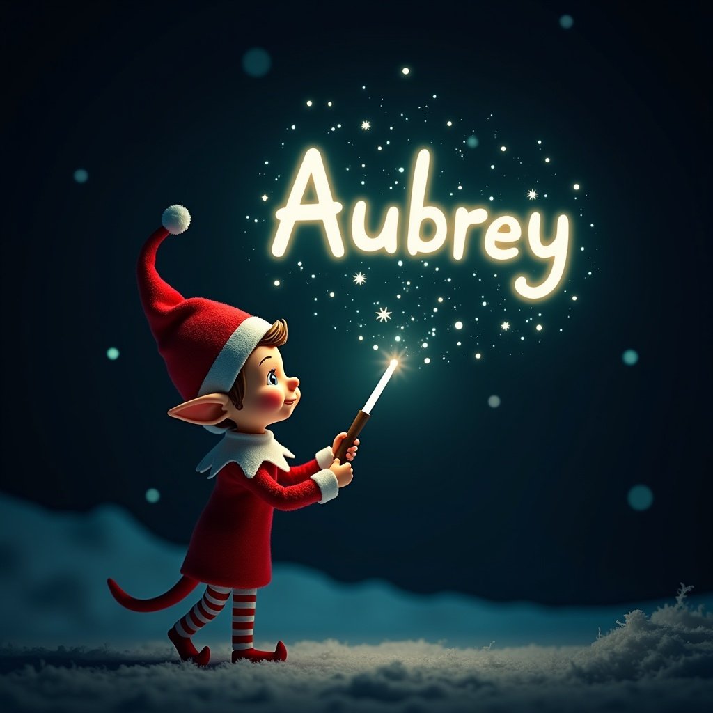 An elf holds a wand creating the name 'Aubrey' with glowing light. The background is dark, enhancing the light's brightness. The scene embodies holiday joy and magic, inviting viewers into a whimsical setting with a festive, cheerful atmosphere.