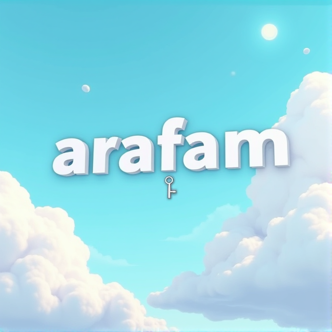 A whimsical scene with the word 'arafam' floating amidst fluffy clouds under a bright blue sky.