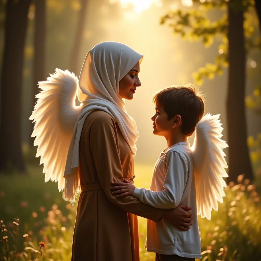 A woman in a hijab interacts with a child in a sunny forest. Both have angel wings. The setting conveys warmth and spirituality.