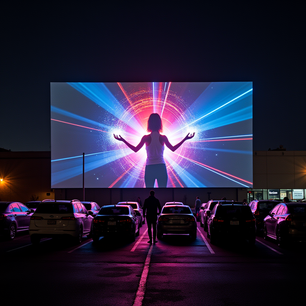 The image depicts a nighttime scene at a drive-in movie theater. Several cars are parked in rows, with a large, illuminated screen displaying a vibrant and surreal image. The screen shows a silhouette of a person with outstretched arms, standing against a radiant backdrop of colorful light beams and cosmic patterns, blending blues, reds, and purples. The atmosphere is both nostalgic and futuristic, contrasting the traditional drive-in setting with the sci-fi theme on the screen. The scene is enhanced by subtle ambient lighting from nearby structures, adding to the cinematic experience.