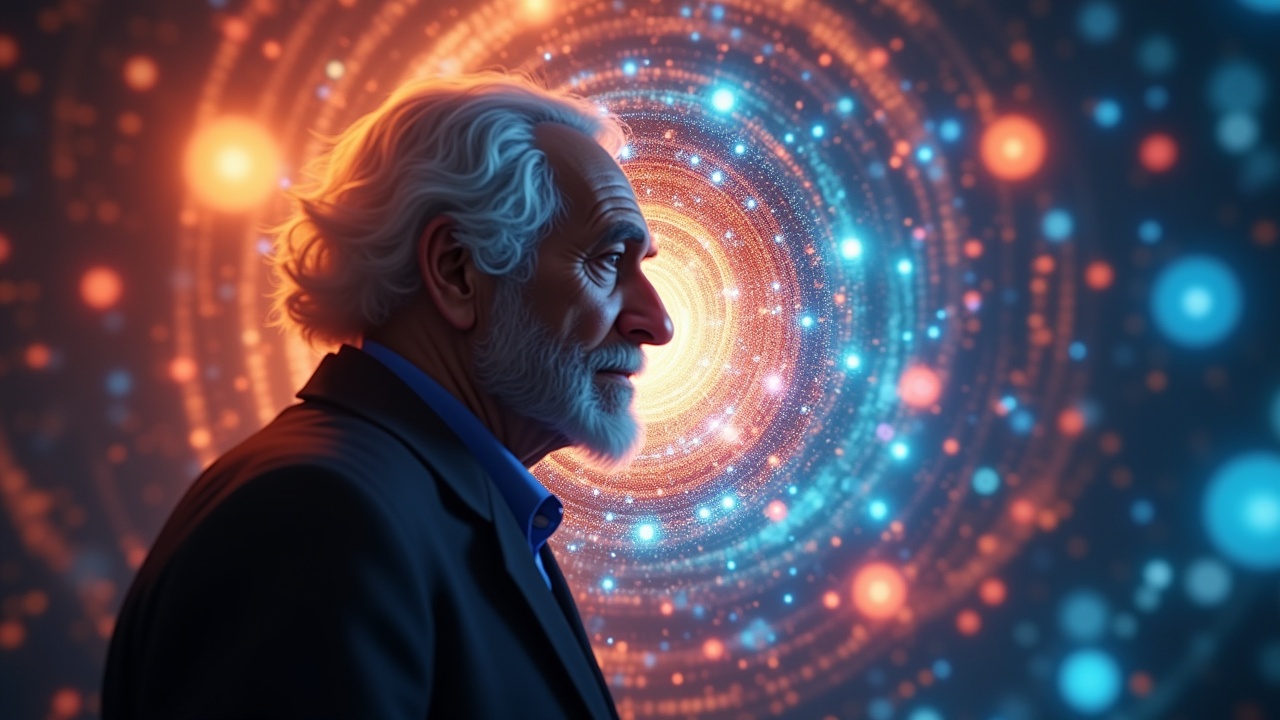 Elderly man with swirling cosmic background, digital art, 4k