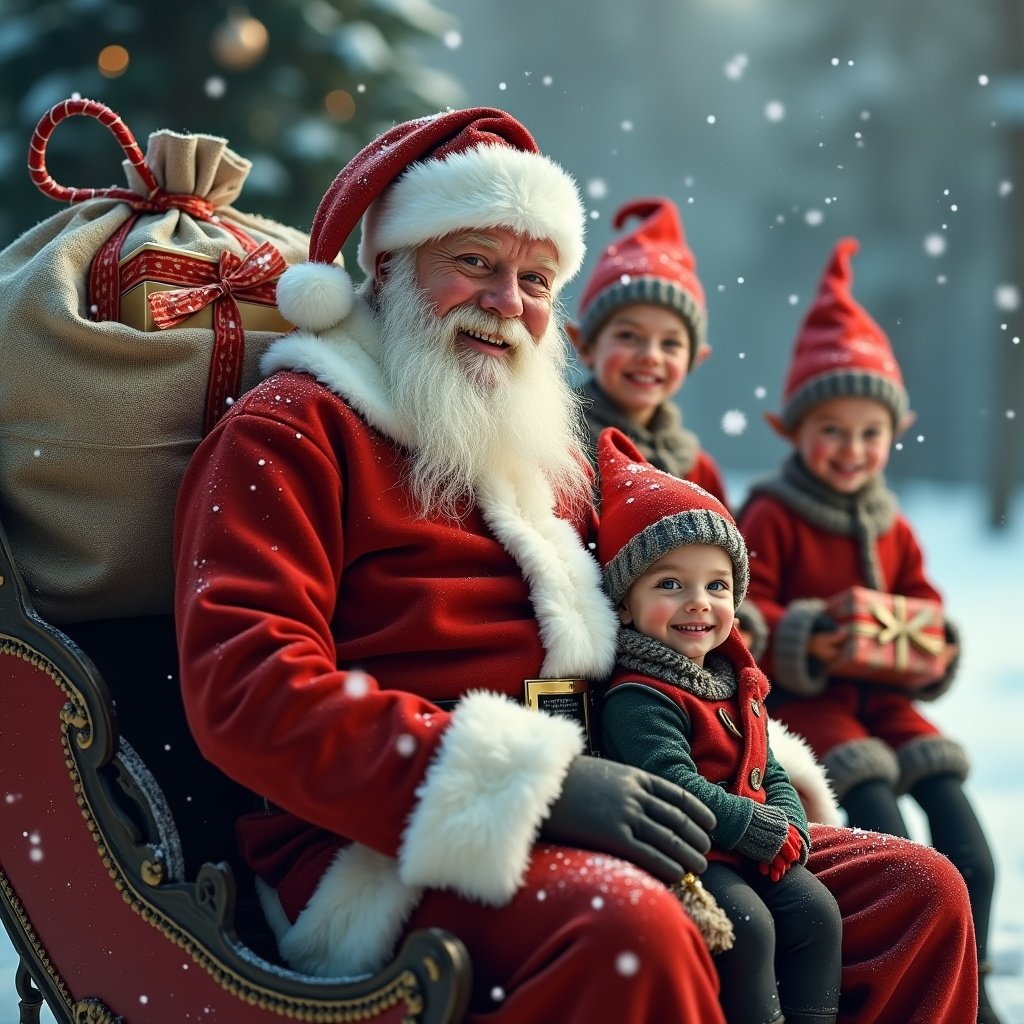 Photo realistic Santa Claus sits in a sleigh. Santa has a joyful expression. A child is beside him. Two elves hold a bag filled with presents. Snow falls gently around them.