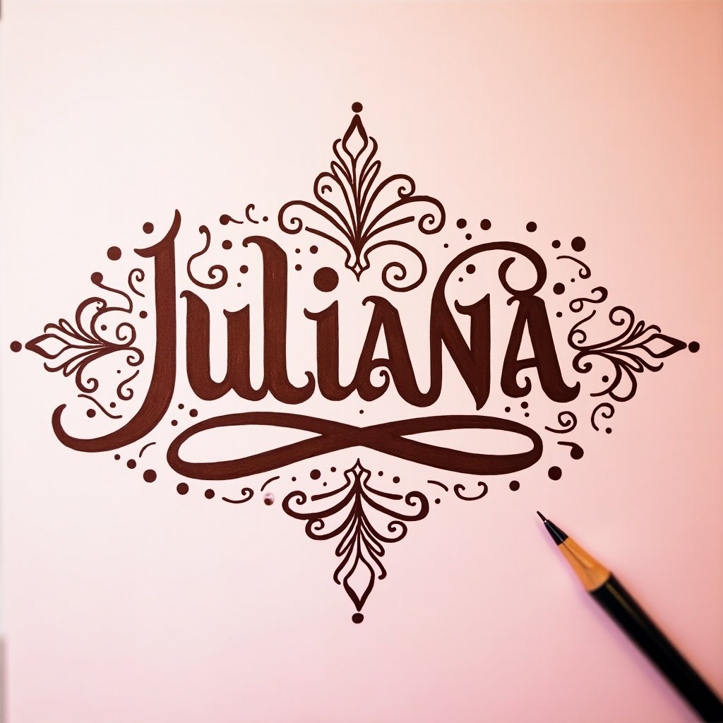 Name Juliana written in Arabic calligraphy. Bold brown ink on pink paper with surrounding designs. Soft lighting enhances strokes.