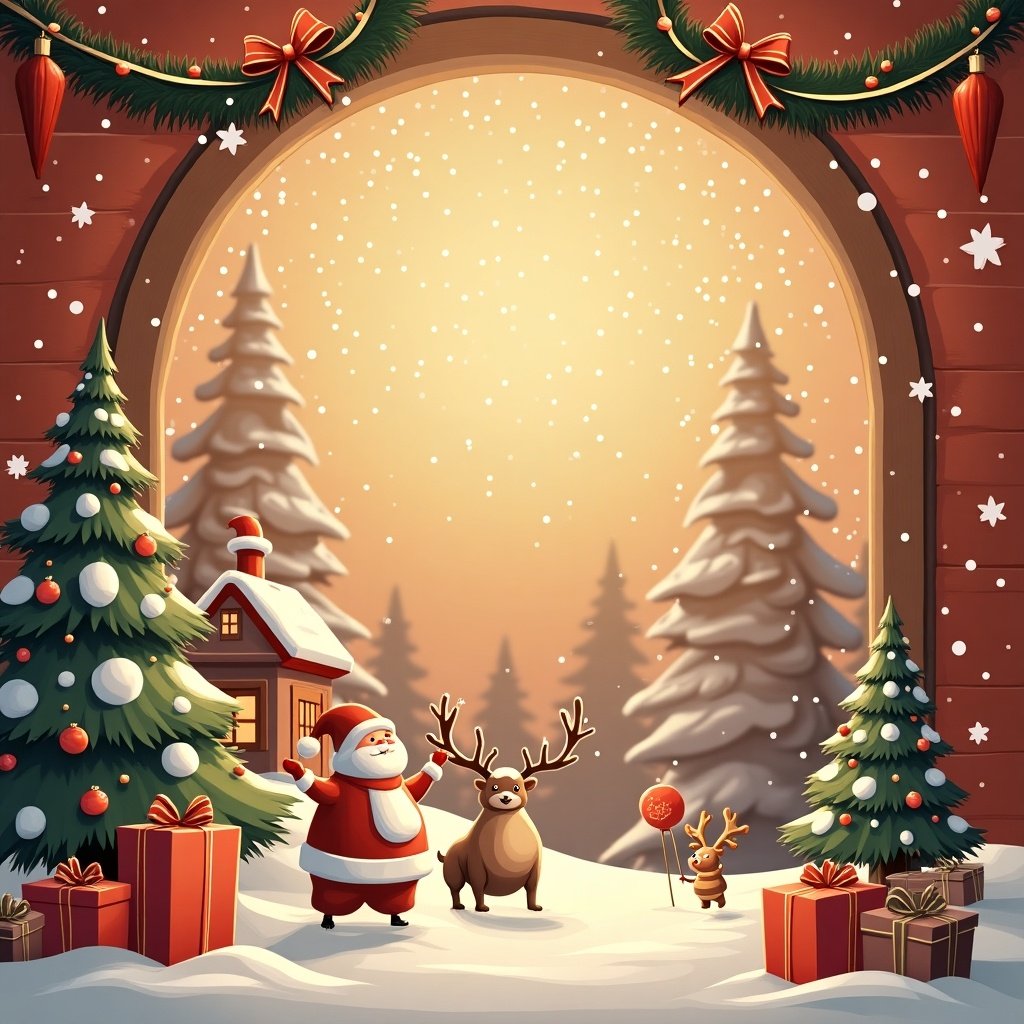 Christmas greeting card design features Santa Claus reindeer Christmas trees and snow. Warm lighting and festive decorations create a holiday atmosphere. Images of real products represent Rollsoft Company.