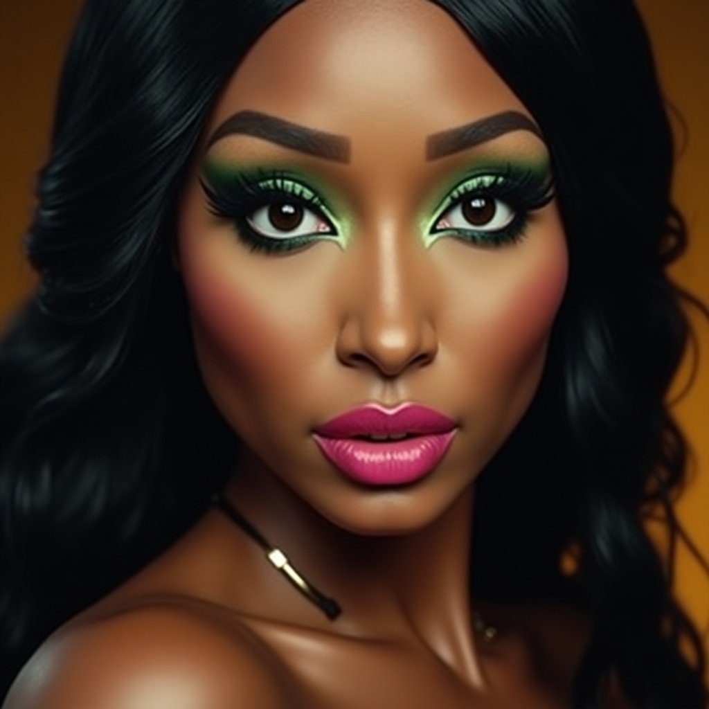 Portrait inspired by Nicki Minaj in her Anaconda music video. Subject has large expressive eyes with vibrant green eyeshadow and dark winged eyeliner. Full lips coated in matte pink lipstick. Subject has medium to dark skin with a smooth finish, high cheekbones, and sharp jawline. The expression is slightly seductive and confident with a playful demeanor.