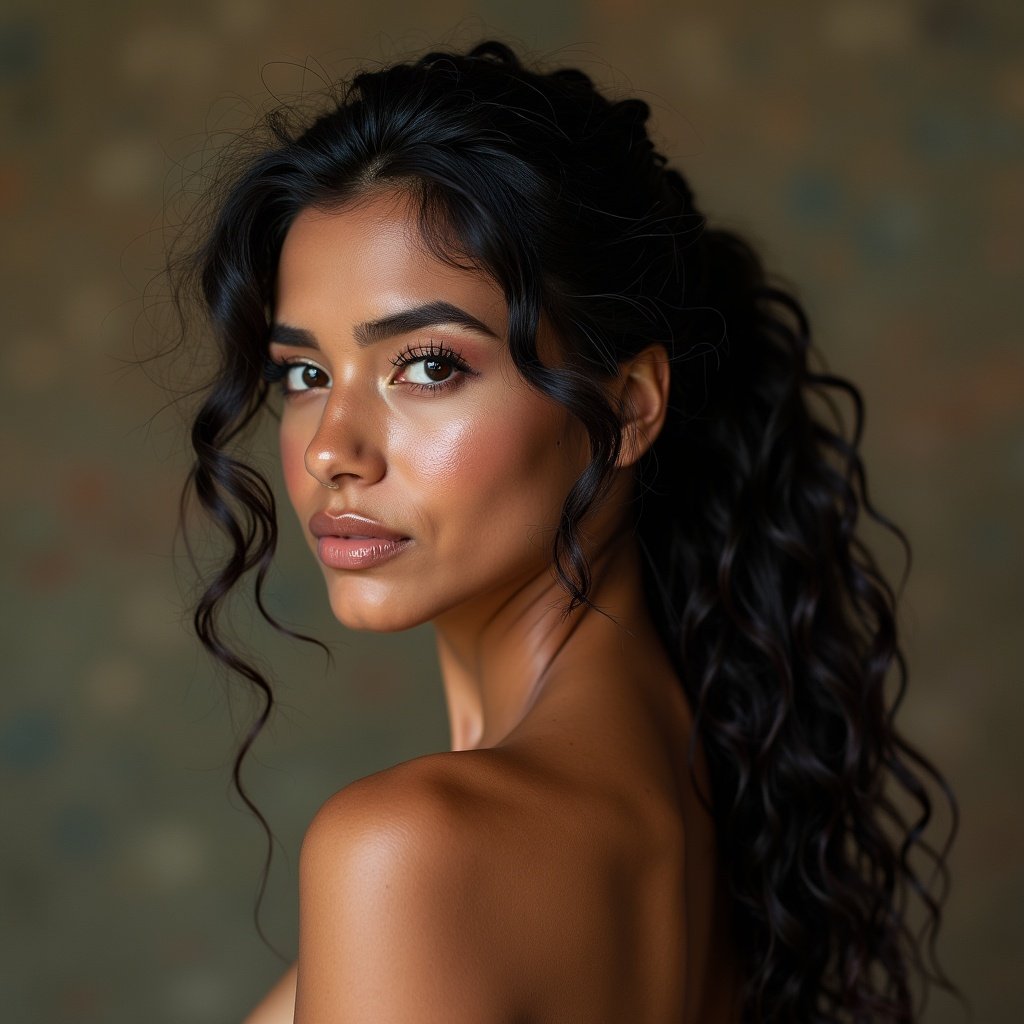 Adult Javanese woman with neat low curly ponytail. She has an oval face and chubby cheeks with slender features. Warm lighting highlights her brown skin. Hair has aesthetically pleasing curls. The background provides a soft ambiance.