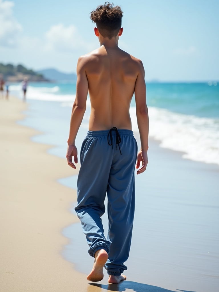 Young muscular teenage boy walks shirtless on the beach wearing loose blue tinted sweatpants.