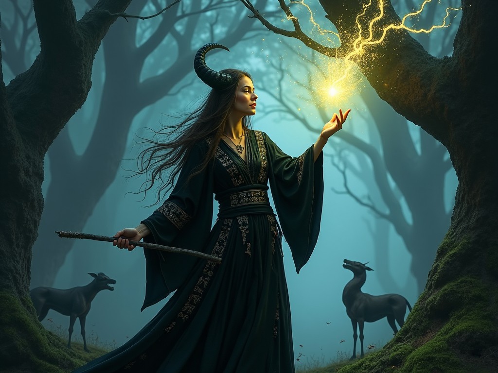 A mystical scene featuring a woman in a dark, flowing robe standing in an enchanted forest. She has horns and is casting a magical spell with glowing energy in her hand. The atmosphere is foggy, creating a mystical vibe. Surrounding her are shadowy figures of deer, adding to the enchanting feel. The trees are twisted and ethereal, with an otherworldly light illuminating the scene.