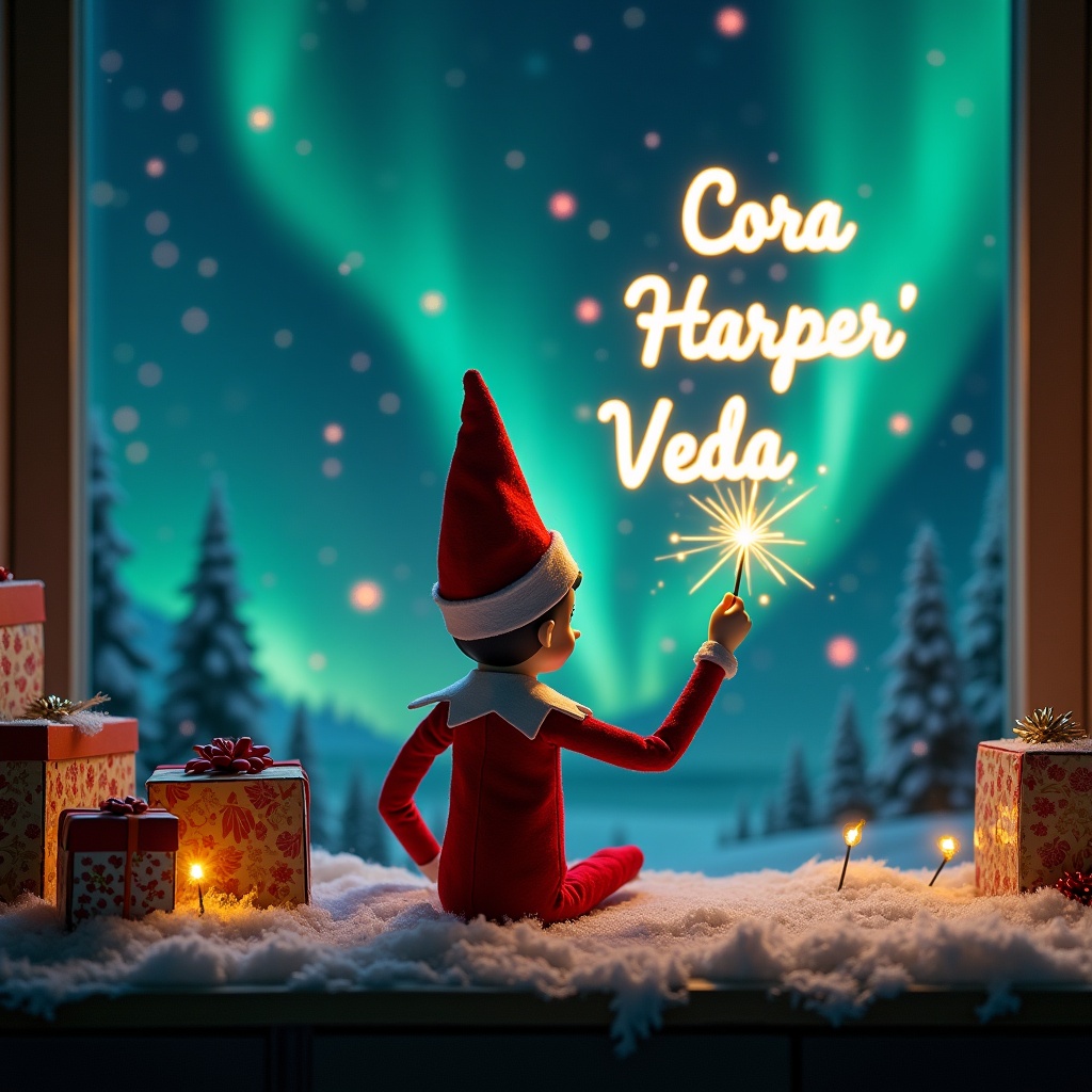 This image depicts an enchanting Christmas scene featuring an elf on the shelf. The elf, dressed in classic red and white, is facing the sky, providing a view of a vibrant display of northern lights. He wields a magic wand, writing names in glowing script above him. Surrounding him are beautifully wrapped presents, adding to the festive atmosphere. The snow-covered window sill enhances the cozy holiday setting, making the viewer feel the excitement and joy of the season. Overall, the scene captures the whimsical spirit of Christmas in a magical way.